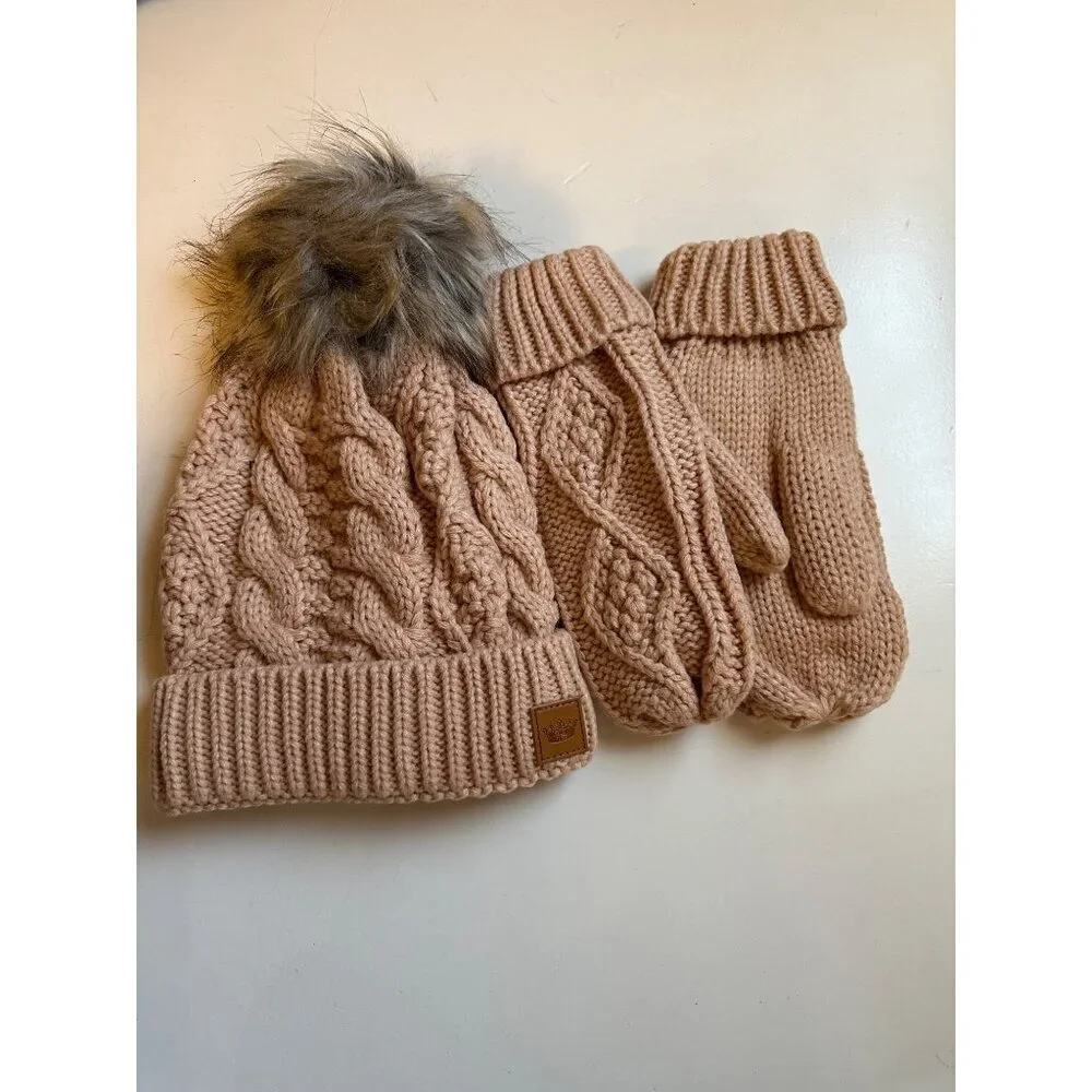Panache Women’s Blush Pink Pom Pom Beanie & Mittens Set NWOT
